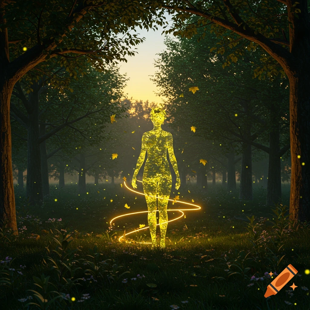 A glowing, ethereal silhouette of a woman stands in a magical forest clearing with golden leaves falling and light trails around her.
