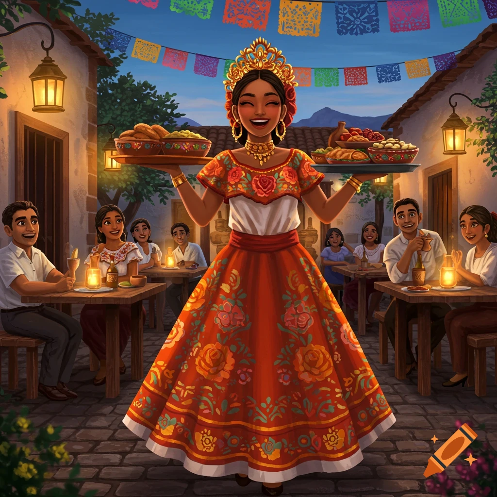 A smiling Mexican princess wearing a floral dress and crown holds two trays of food, serving guests at an outdoor, festive dinner with papel picado.
