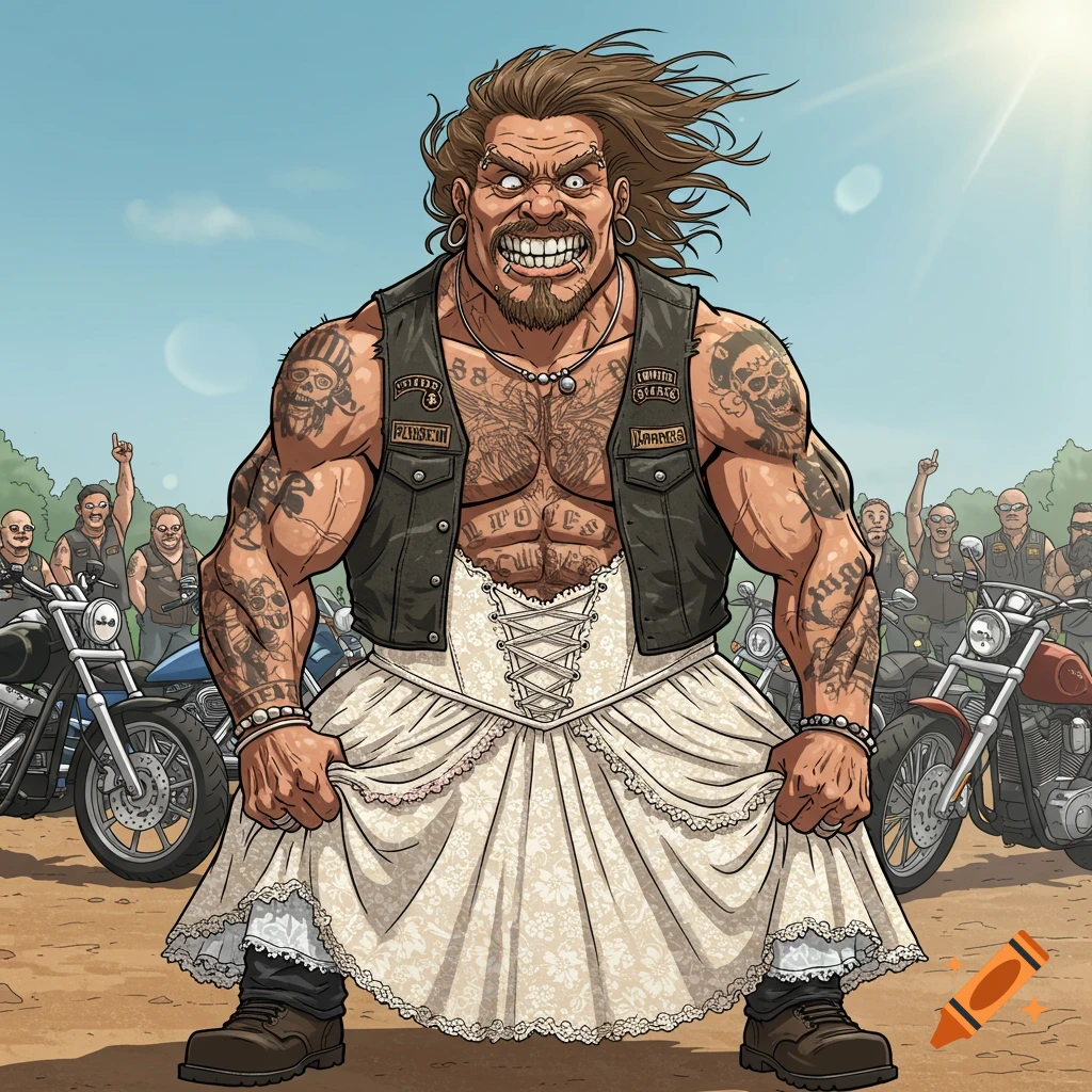 A muscular cartoon biker with tattoos and a vest smiles widely while wearing a white wedding dress. Other bikers and motorcycles are in the background under a sunny sky.