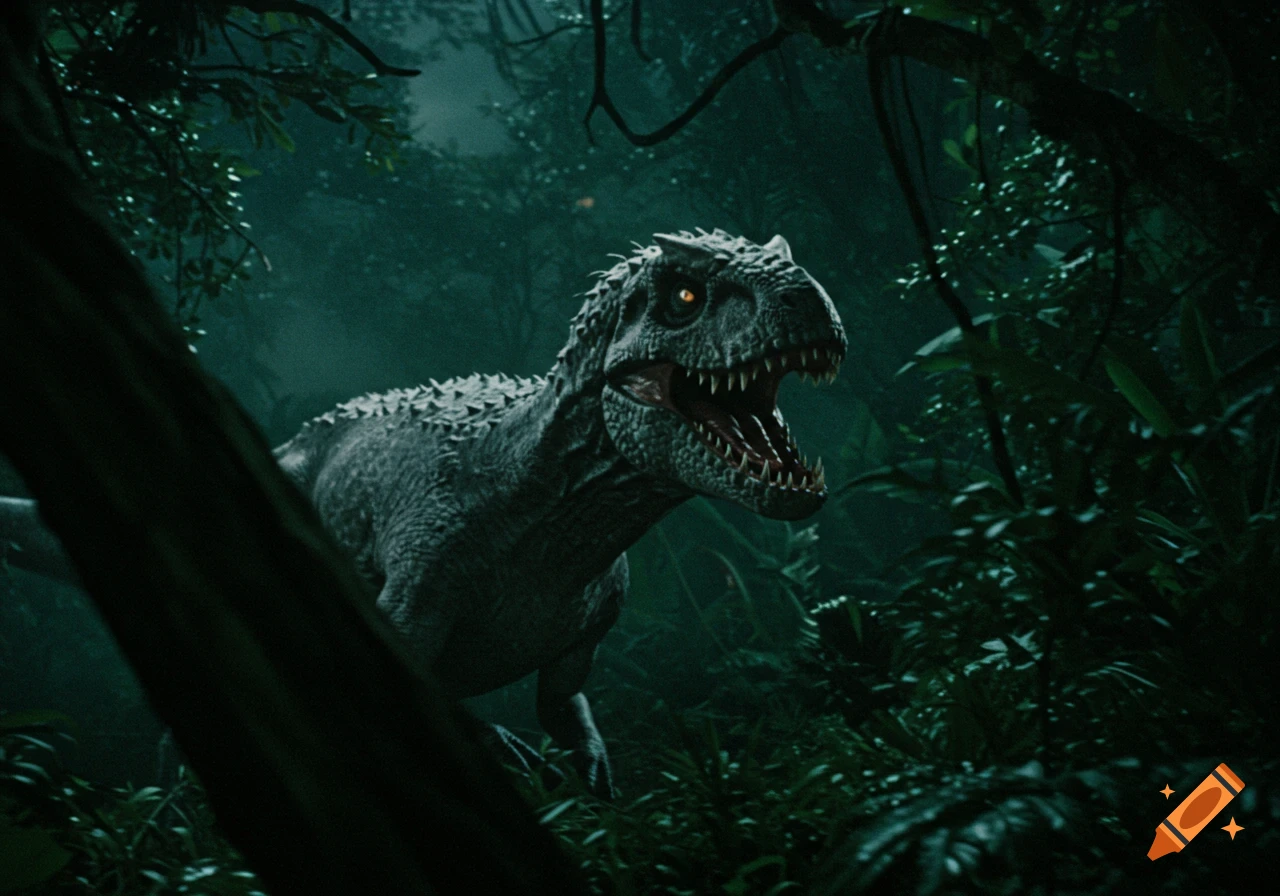 An Indominus Rex, a large gray dinosaur with glowing orange eyes and sharp teeth, emerges from dark, misty jungle foliage.