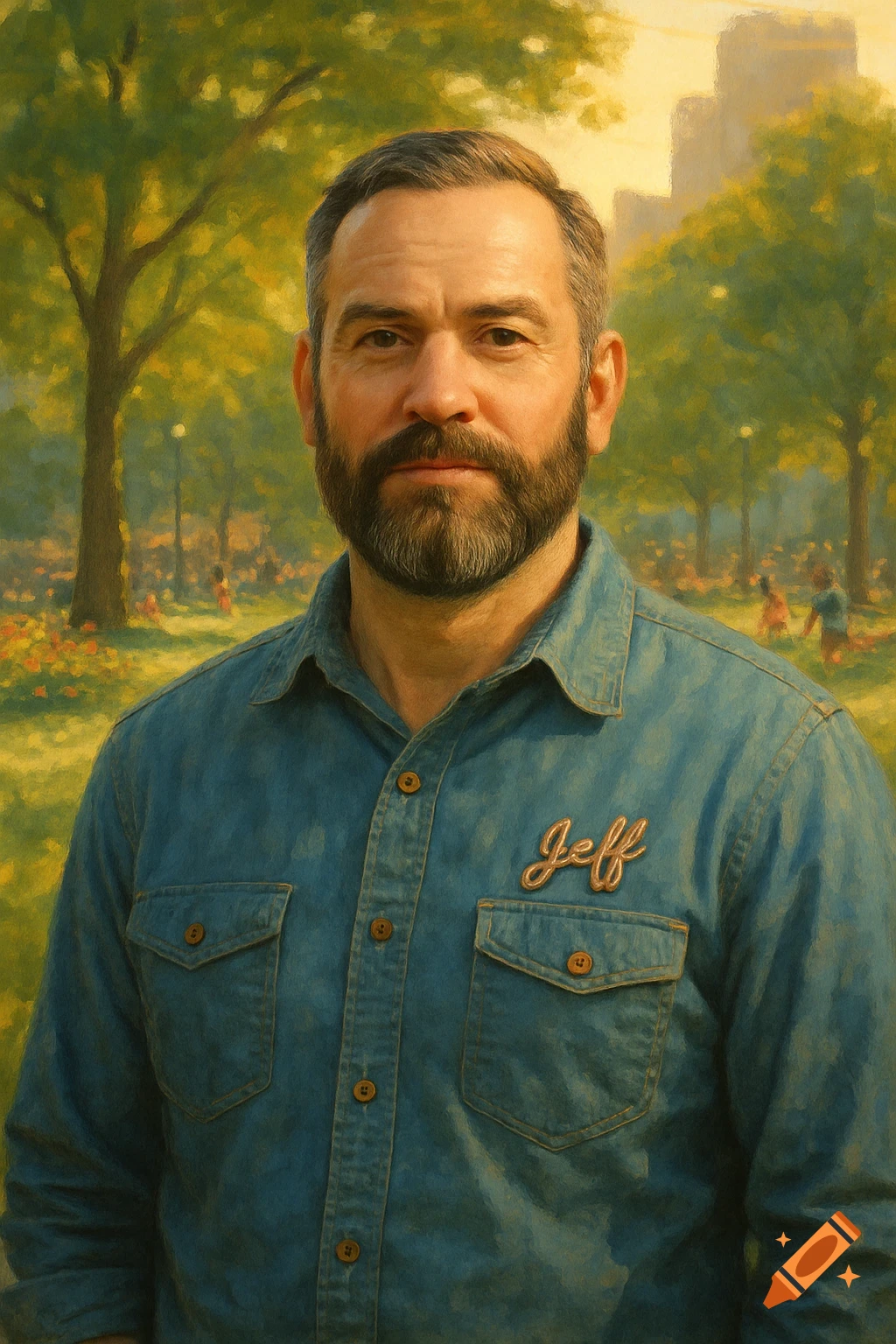 Painterly portrait of a bearded man in a denim shirt with 'Jeff' embroidered, standing in a sunny park.