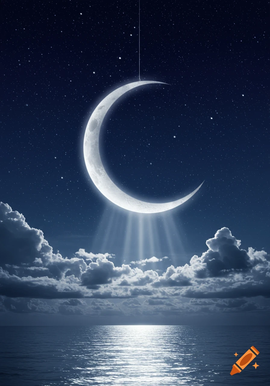 A bright crescent moon hangs in a star-filled night sky, casting beams of light onto the calm ocean below.