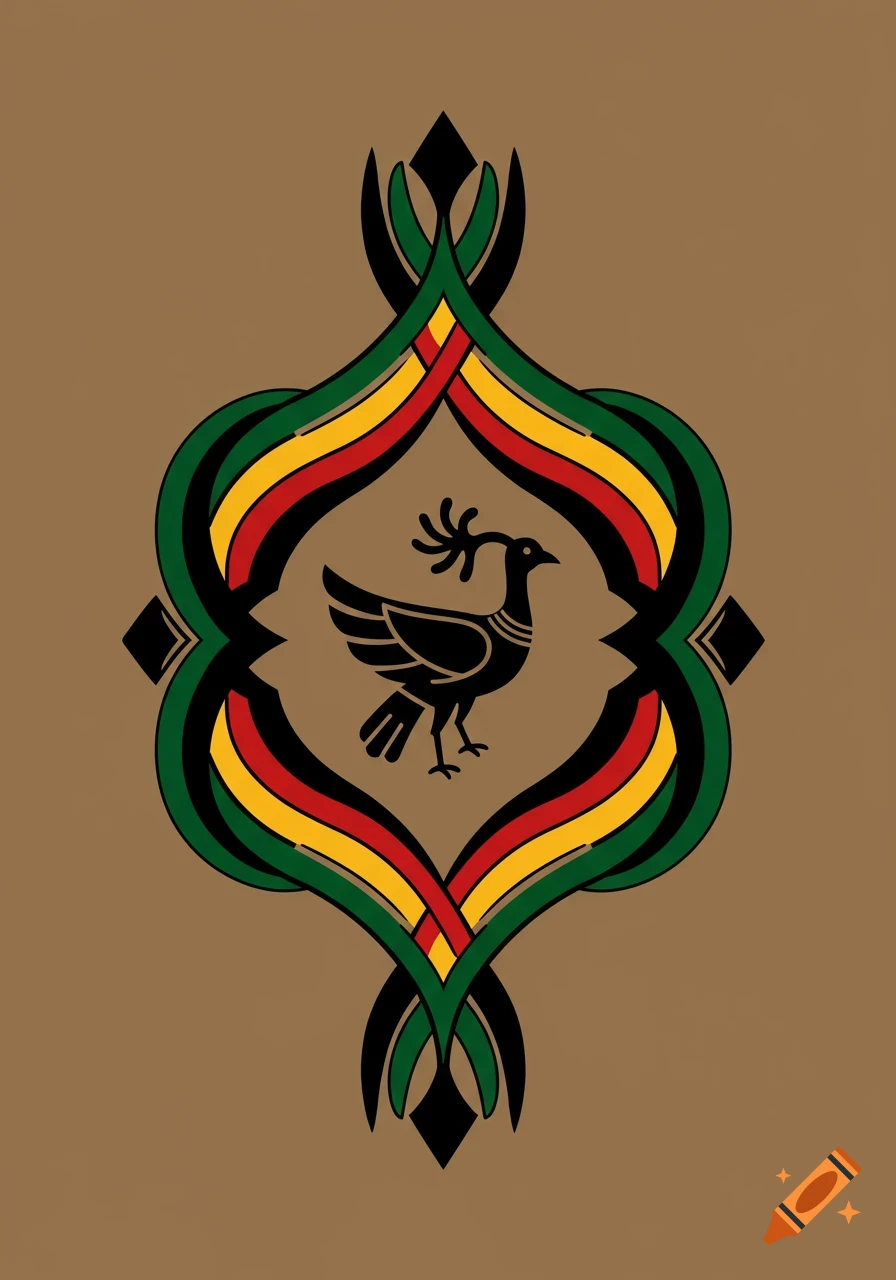 Stylized black Sankofa bird with a plant in its beak, framed by red, yellow, and green ribbons on a brown background.
