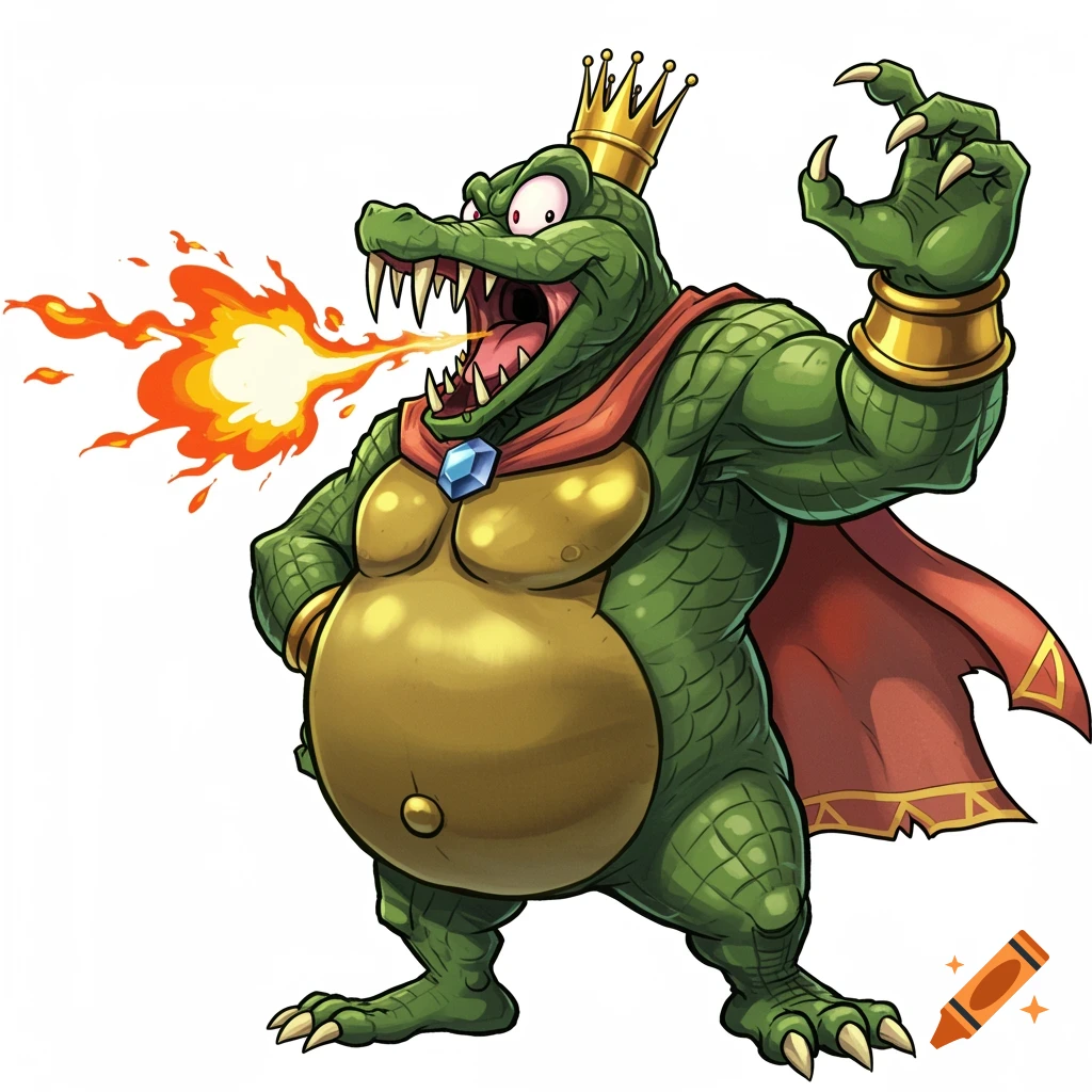 A cartoon King K. Rool, a green crocodile-like creature with a gold crown and red cape, stands and breathes fire from his mouth.