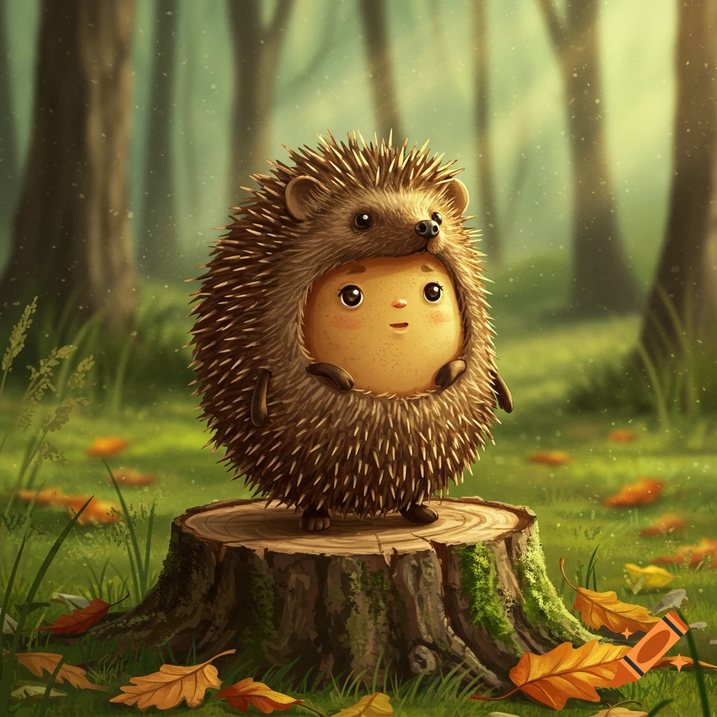 A cute potato character wearing a hedgehog costume stands on a tree stump in an autumn forest.