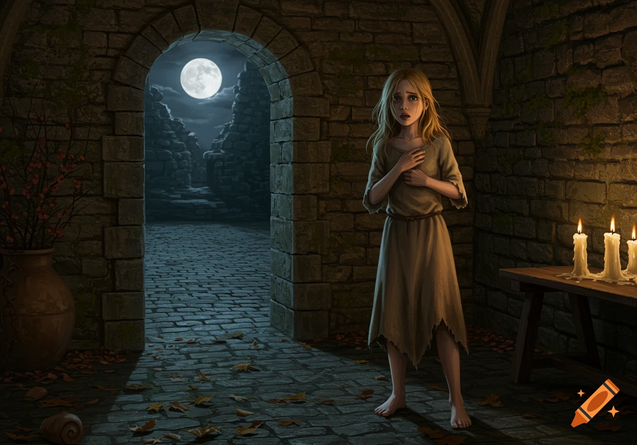 A frightened barefoot girl in a ragged dress stands in a dark stone castle corridor with a full moon visible through an archway, illuminated by candles.
