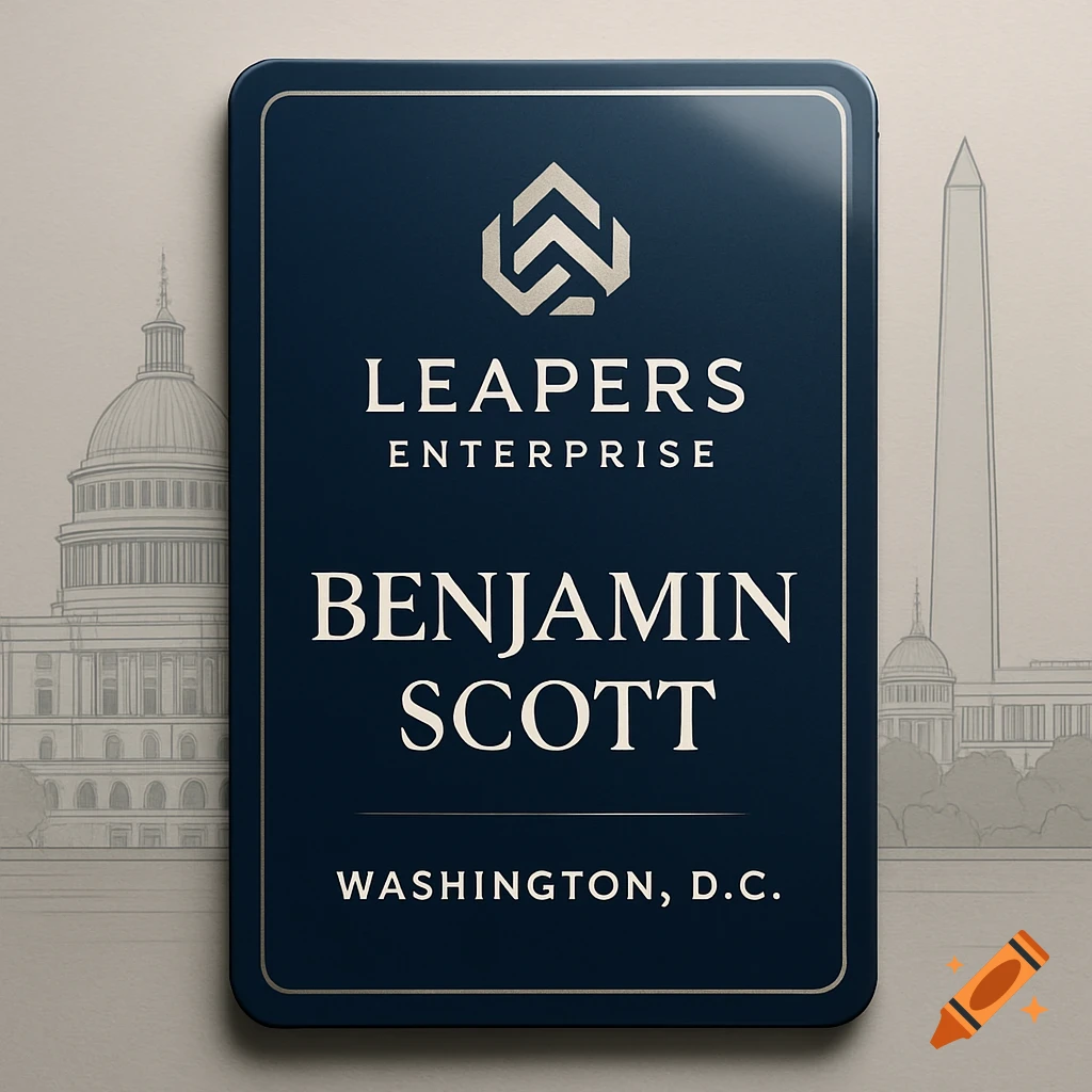 A blue business ID card for Benjamin Scott of Leapers Enterprise, with Washington D.C. landmarks sketched in the background.