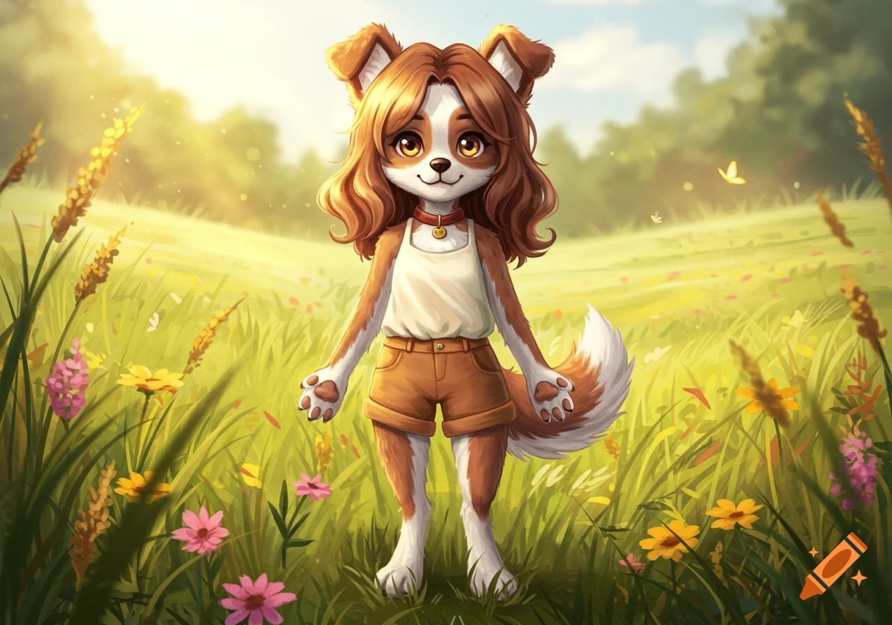 A cute, brown and white anthropomorphic dog character with long hair stands in a vibrant, sunny field with flowers.
