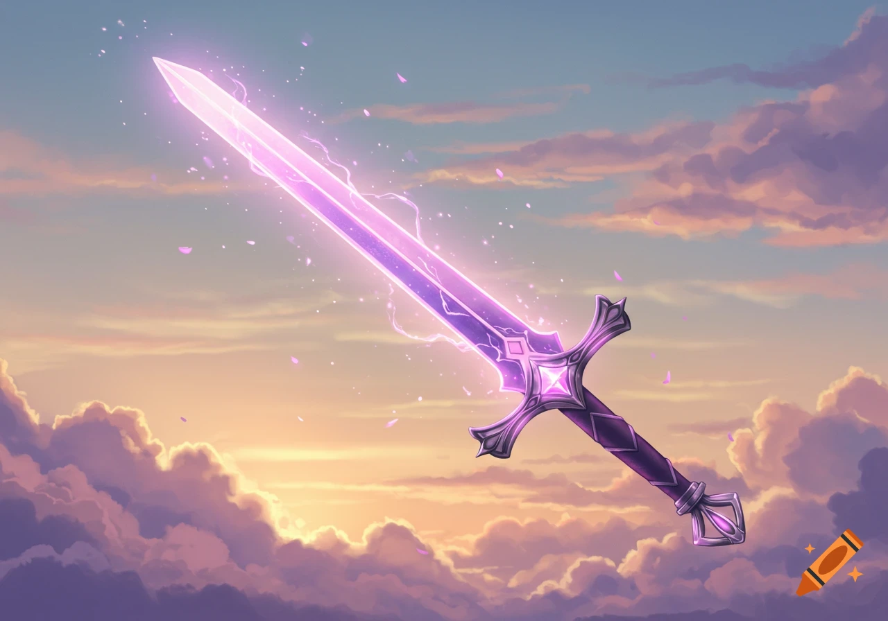 A glowing purple fantasy sword floats angled upwards in a pastel sky with pink and purple clouds.
