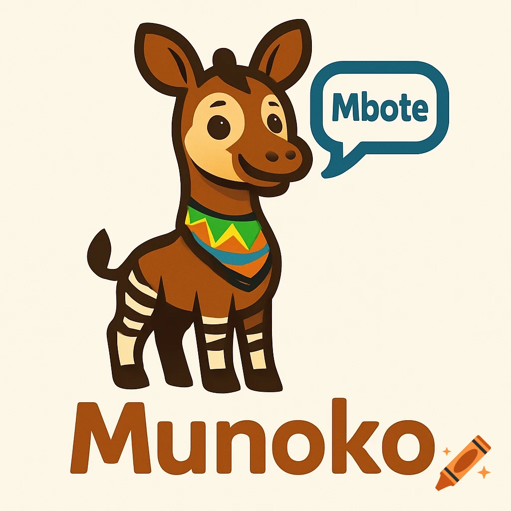 A cartoon okapi mascot wearing a colorful bandana, with a speech bubble saying 'Mbote', and 'Munoko' written below.