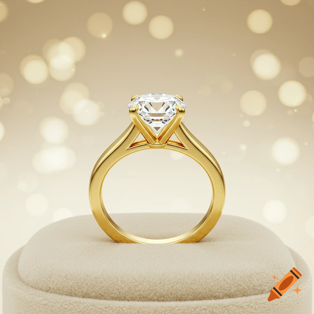 A close-up of a sparkling round brilliant diamond engagement ring with a gold band, on a beige velvet ring box with a bokeh background.