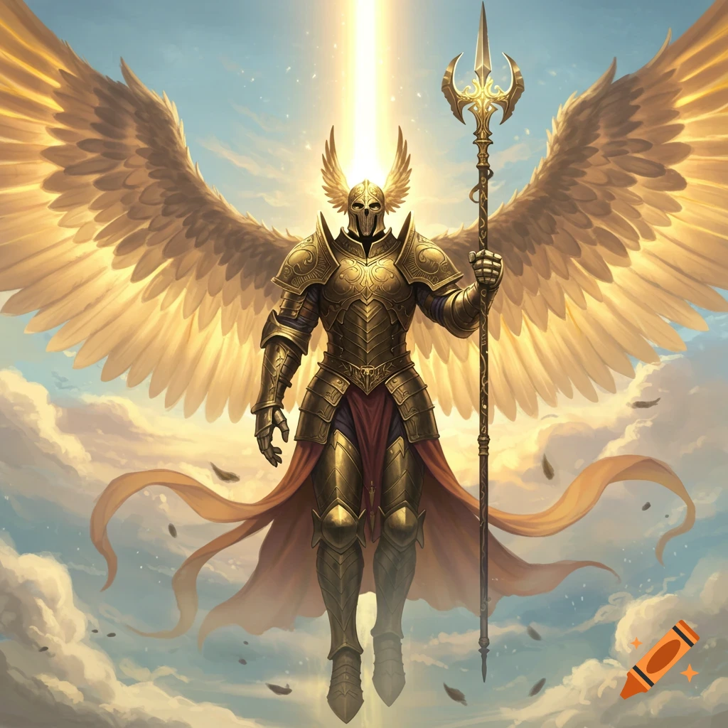 A majestic, golden-armored winged seraph with a helmet and a glowing spear stands in a cloudy sky.