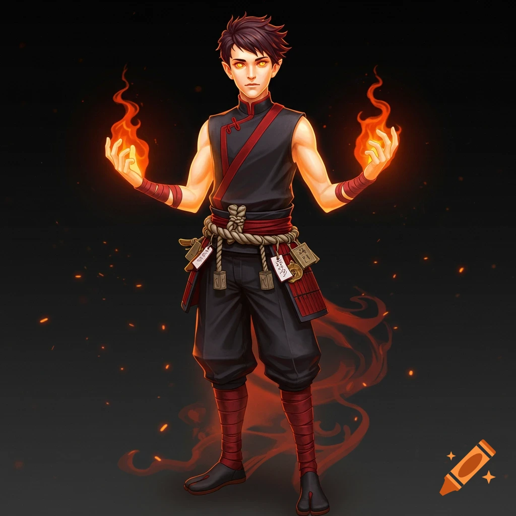 A male character with fire powers, wearing a black and red Japanese-inspired outfit, stands against a dark background with embers.