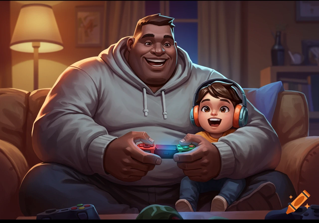 A cartoon illustration of a happy man and a child with headphones playing video games on a couch.