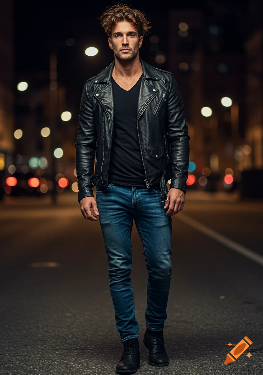 Photorealistic portrait of a man in a black leather jacket, black v-neck, blue jeans, and boots, standing on a dark street with blurred city lights.