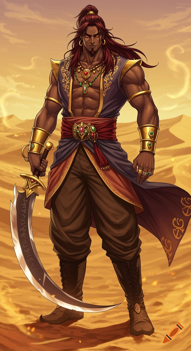 A tall, muscular Arabian fantasy character with dark red hair and amber eyes, wearing ornate robes, stands in a desert holding a curved scimitar.