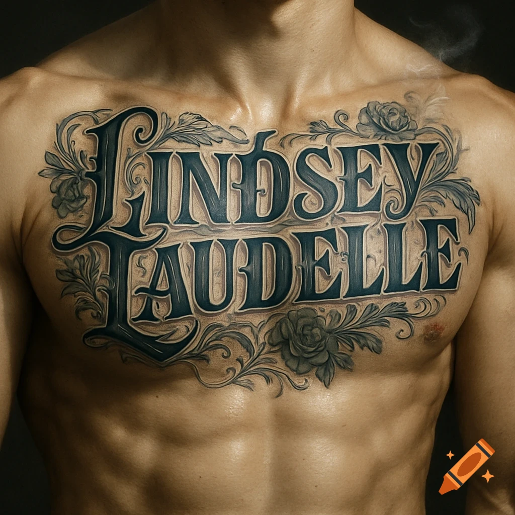 A photorealistic close-up of a muscular chest with an ornate tattoo of the names 'Lindsey Laudelle' surrounded by floral designs.
