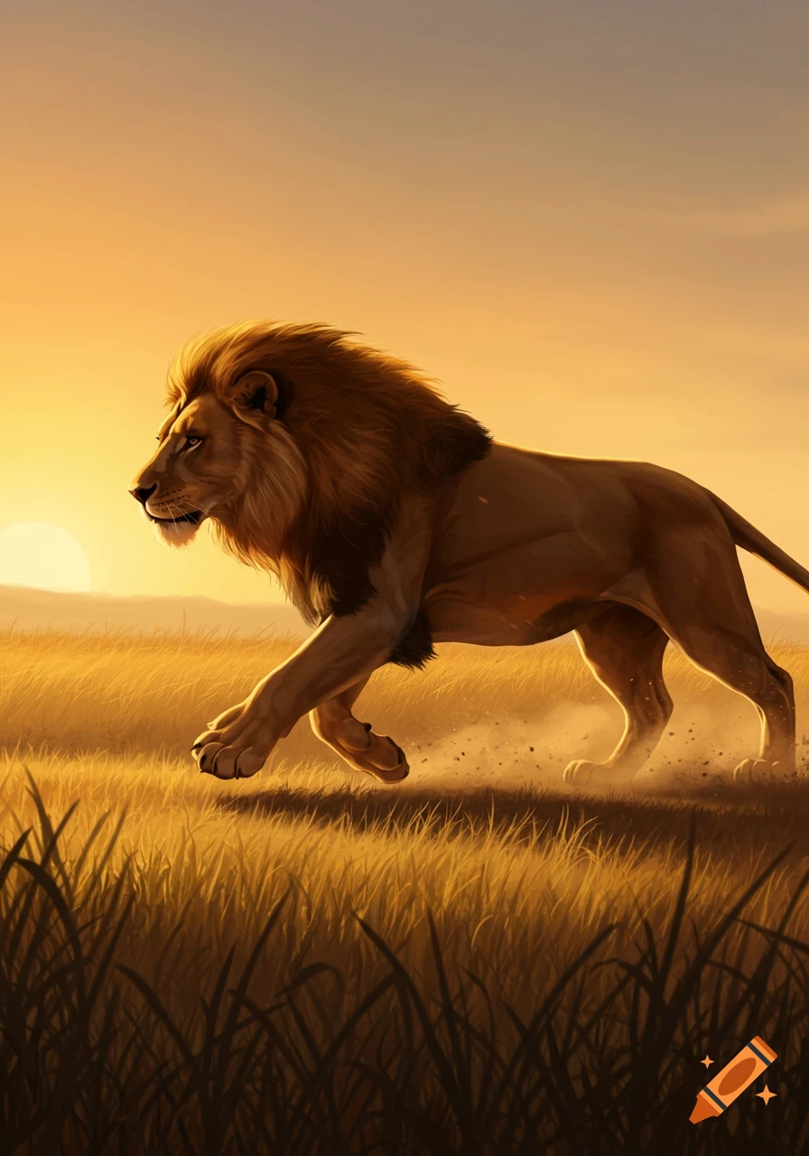 A male lion with a flowing mane runs through golden tall grass at sunset, kicking up dust.