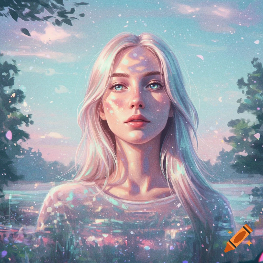Ethereal portrait of a young woman with long, pale hair and blue eyes, against a sparkling sky.