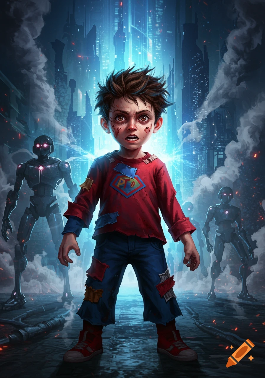 A distressed boy with scratches on his face wears a tattered shirt with a 'P O' logo and stands amidst smoke in a futuristic city with glowing robots.