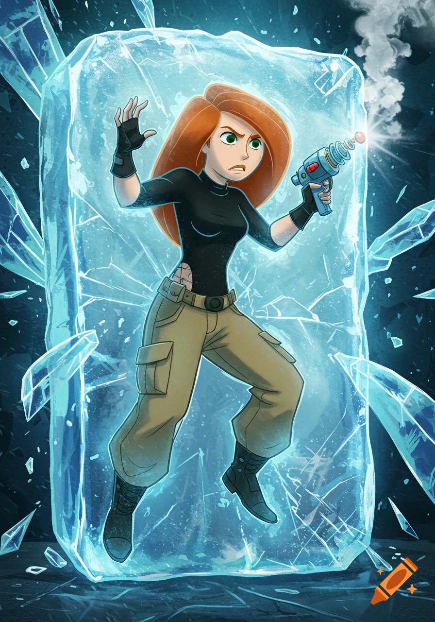 Kim Possible breaks out of a block of ice with a freeze ray gun in a cartoon style illustration.