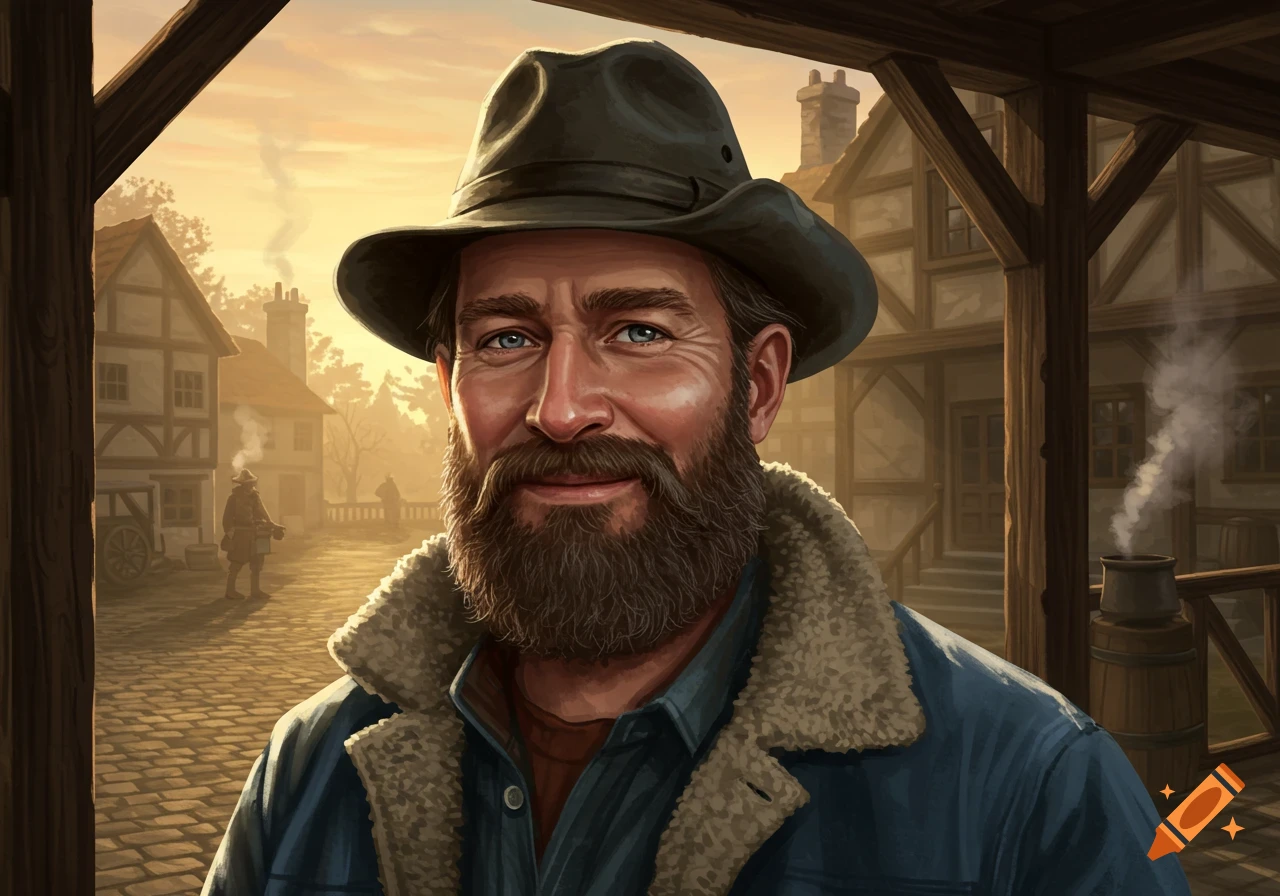 A smiling man with a beard and a hat stands in an old-fashioned village with timber-framed buildings and cobblestone streets.