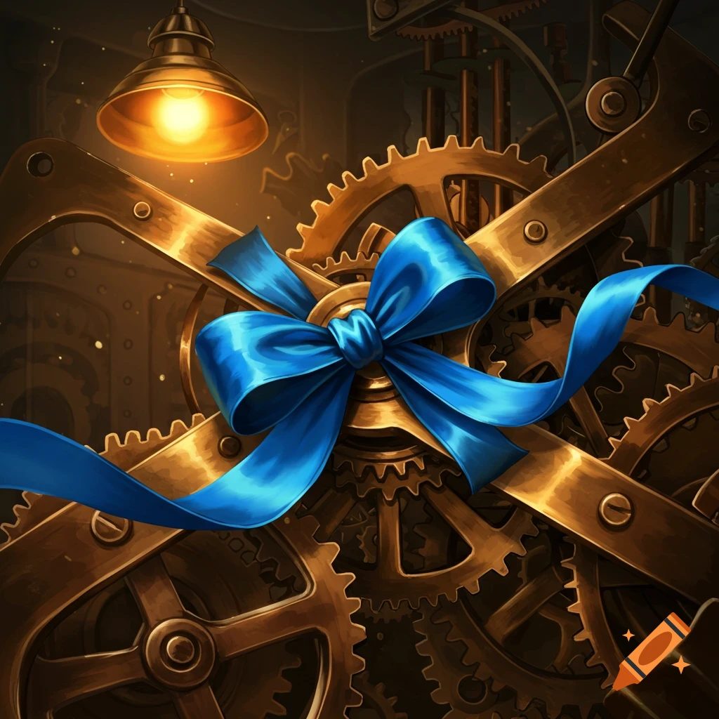 A vibrant blue ribbon tied around intricate brass gears in a dimly lit steampunk setting with a glowing lamp overhead.