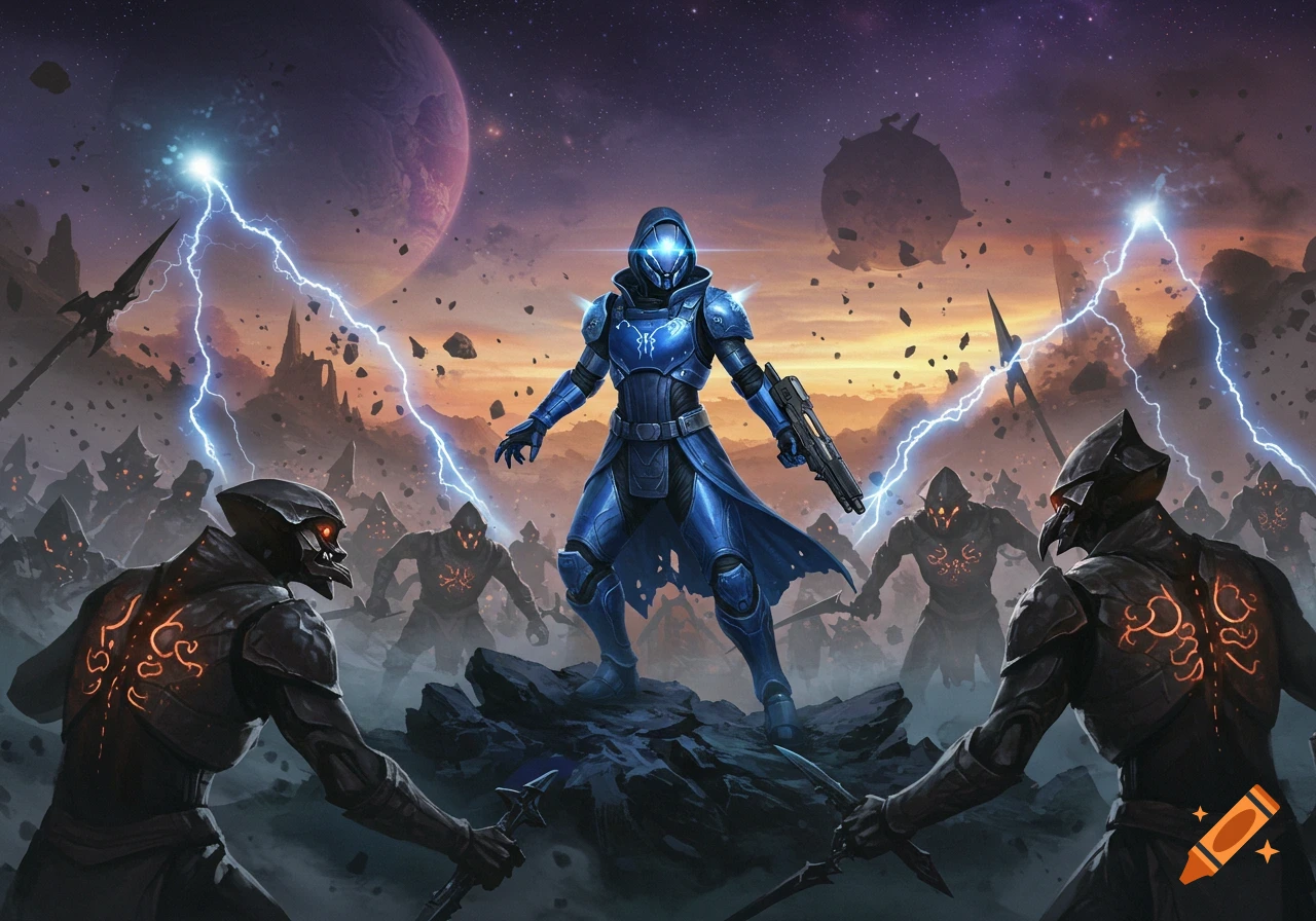 A blue-armored female warrior faces an army of dark, glowing creatures with lightning striking around them in a desolate alien landscape.