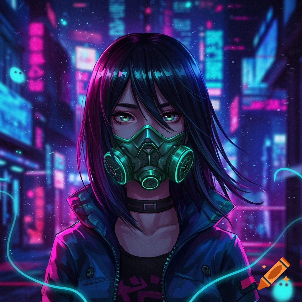 An anime girl with long black hair and green eyes wears a dark green gas mask and a jacket, standing in a neon-lit cyberpunk city at night.