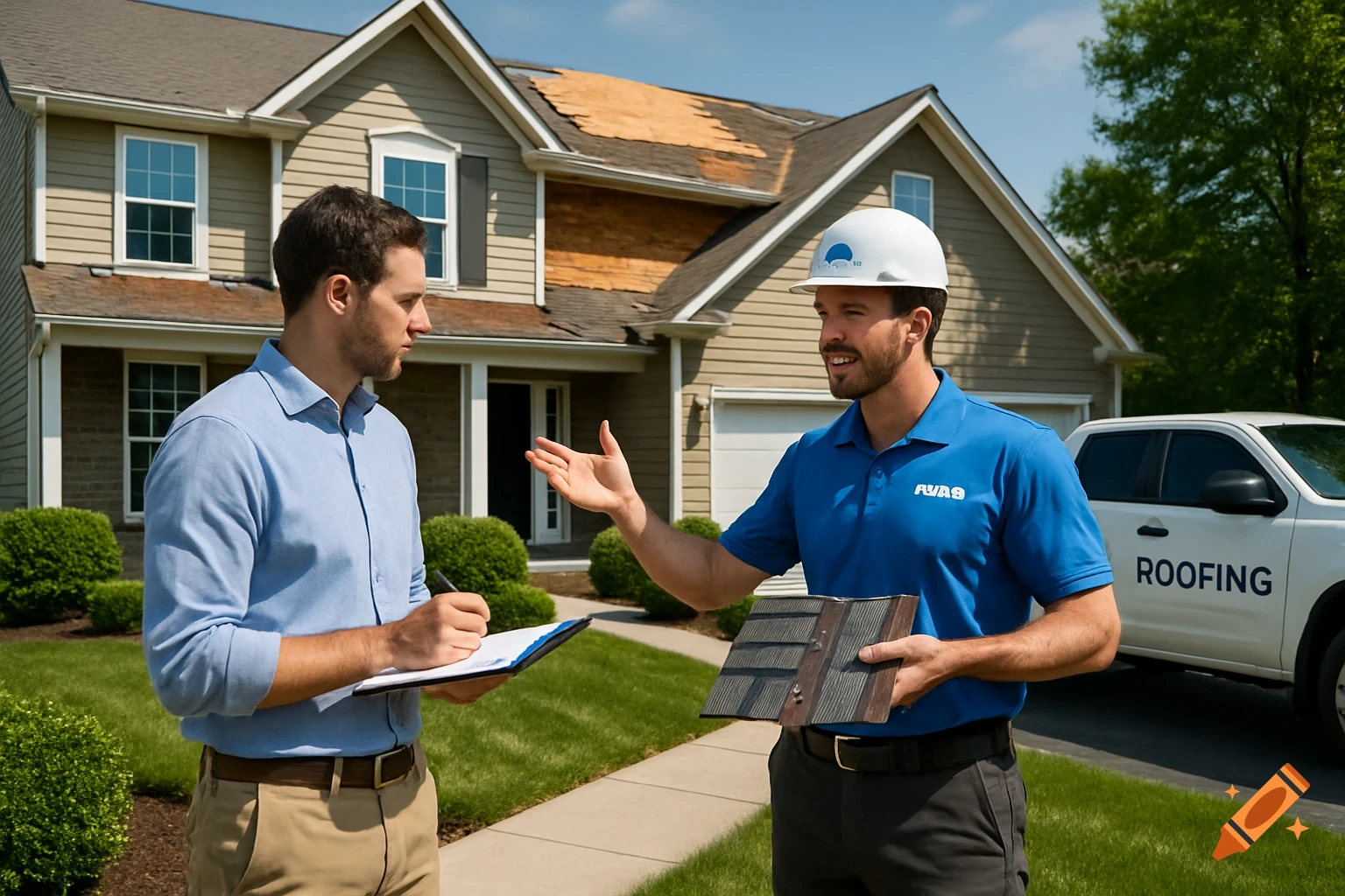 A homeowner with a clipboard listens to a roofing contractor holding sample materials in front of a house with a partially removed roof. A white pickup truck with "ROOFING" on the side is parked nearby.