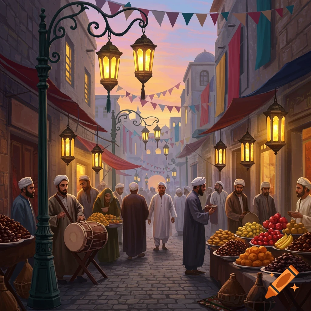 A vibrant marketplace at dusk with people in traditional attire, bright lanterns, and stalls selling fruits and dates.