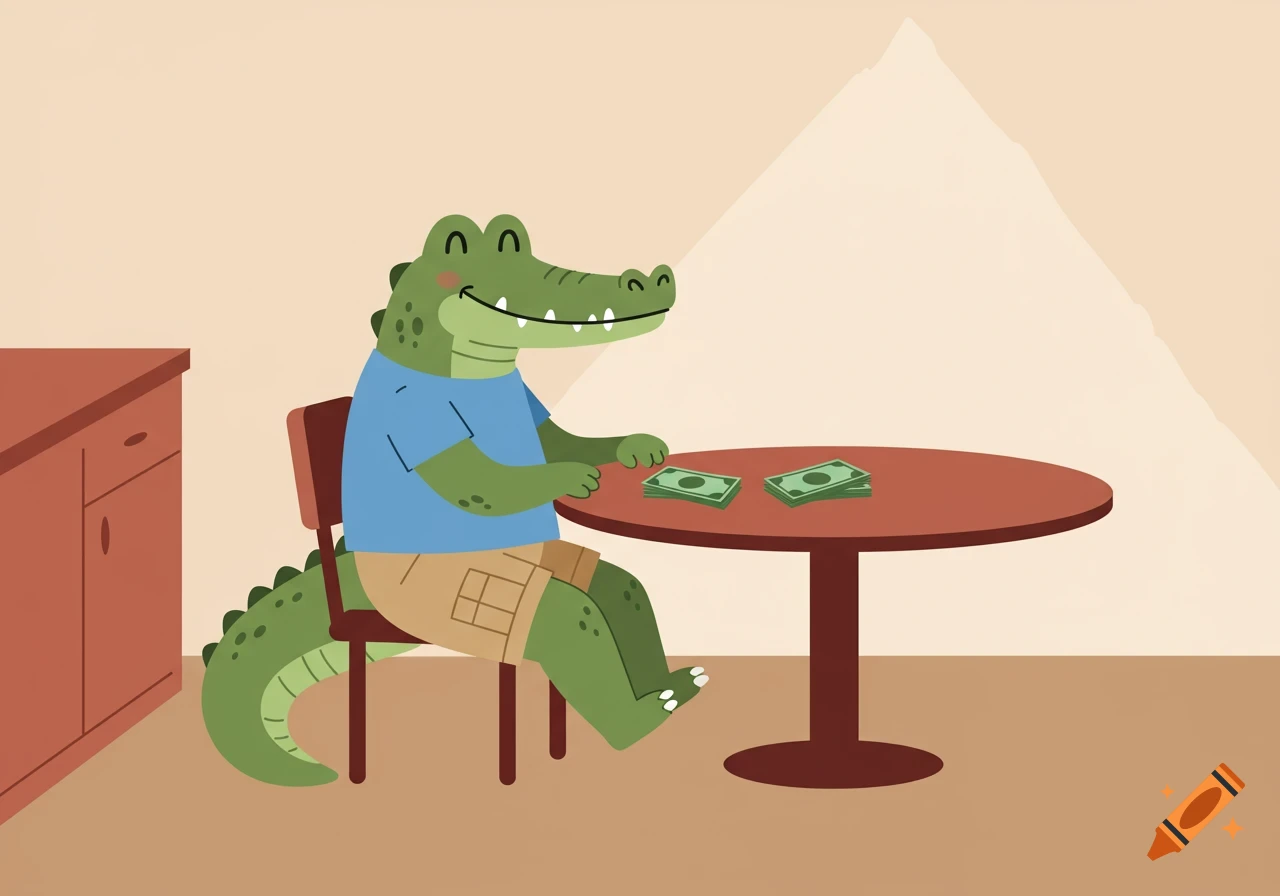 A cute, flat cartoon illustration of a green crocodile in a blue shirt and khaki shorts, sitting at a table with money.