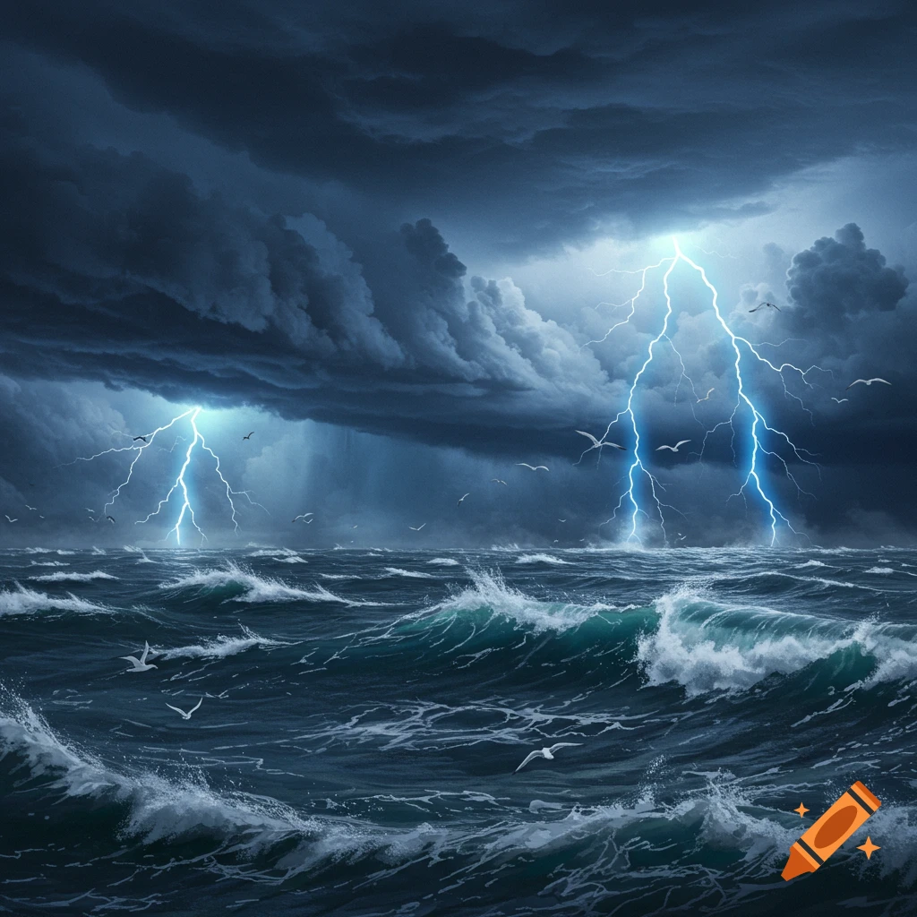 A dramatic seascape with turbulent dark waves under a stormy sky, illuminated by bright lightning strikes and numerous seagulls flying low.