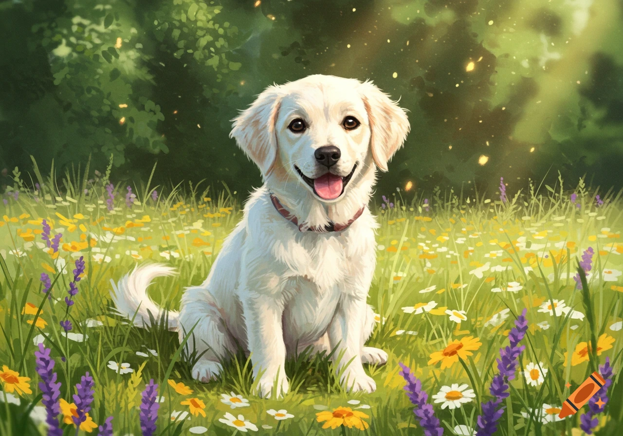 A cute white puppy sitting and smiling in a sunny field of colorful wildflowers and green grass, illustrated style.