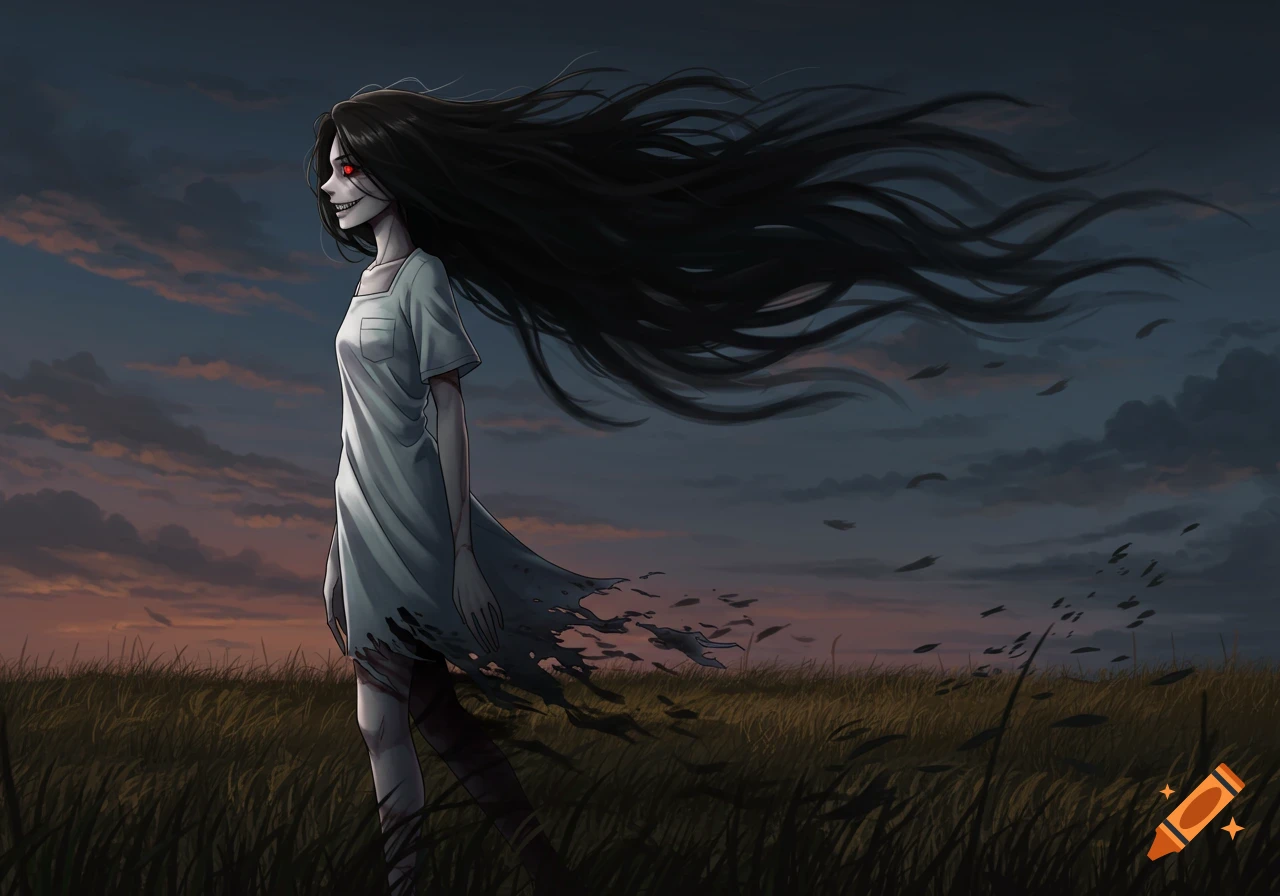 An anime illustration of a gaunt woman with long black smoky hair and red eyes, walking through a field at dusk as her dress dissolves and grass withers.