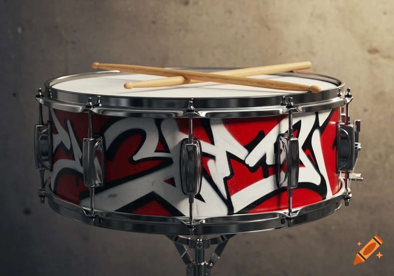 A photorealistic close-up of a snare drum with red, white, and black graffiti art, with two drumsticks resting on top.
