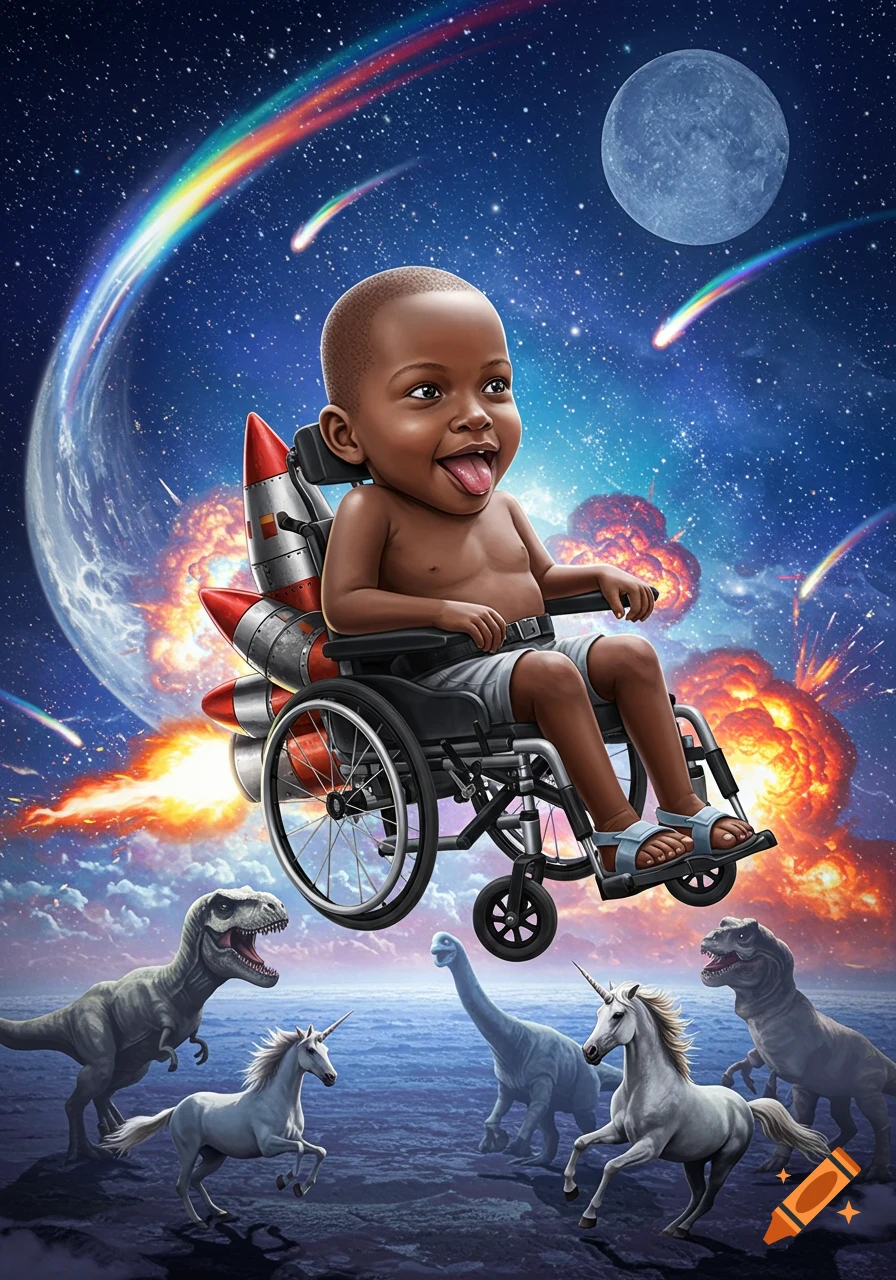 A bald, happy toddler in a rocket-powered wheelchair flies through space with rainbows, explosions, a moon, dinosaurs, and unicorns.