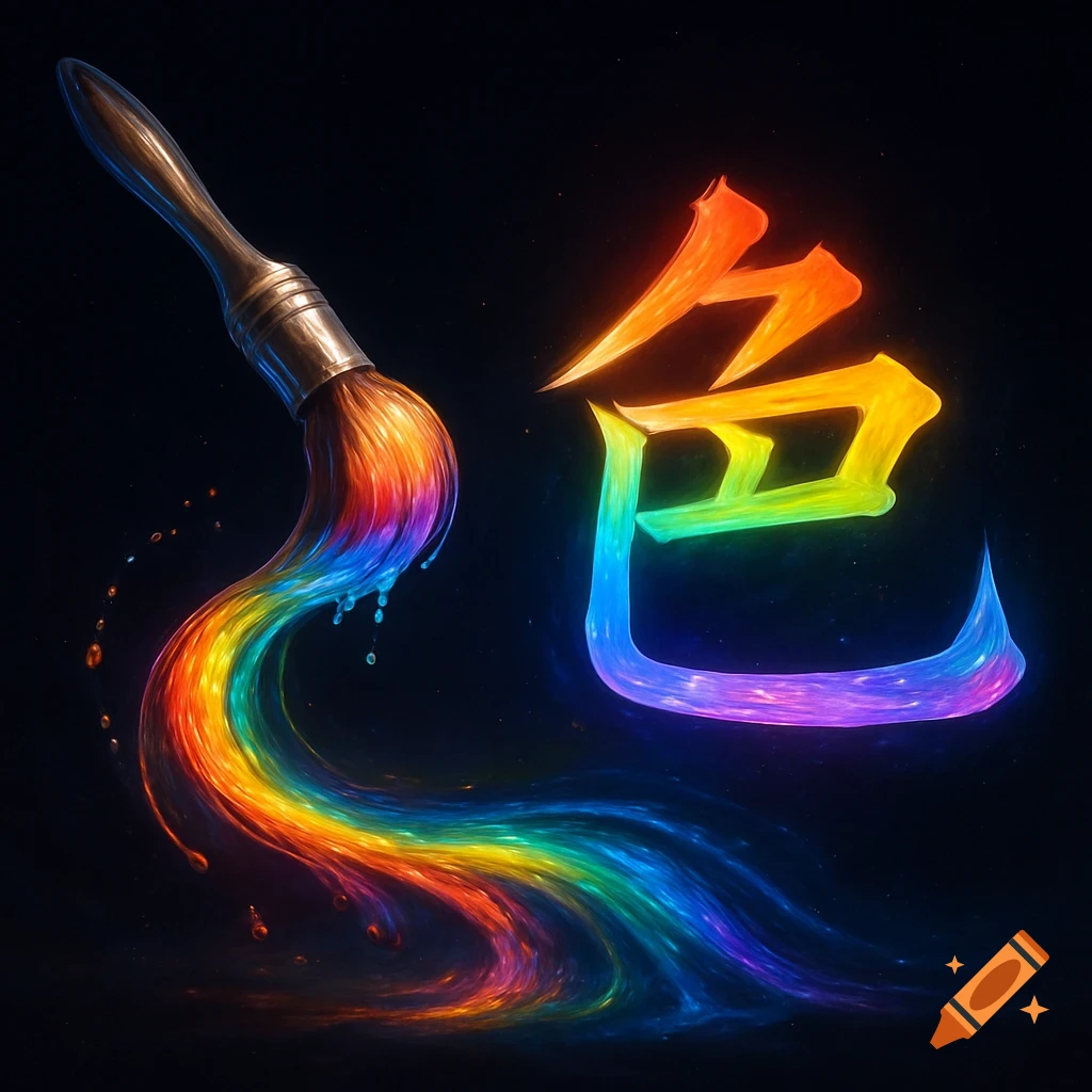 A paintbrush trails rainbow colors that form the glowing Chinese character '色' on a dark background.