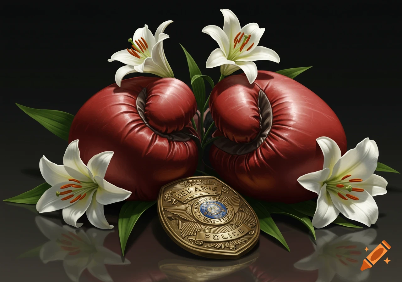 Two red boxing gloves surrounded by white lily flowers with a gold police badge in front, on a reflective dark surface.