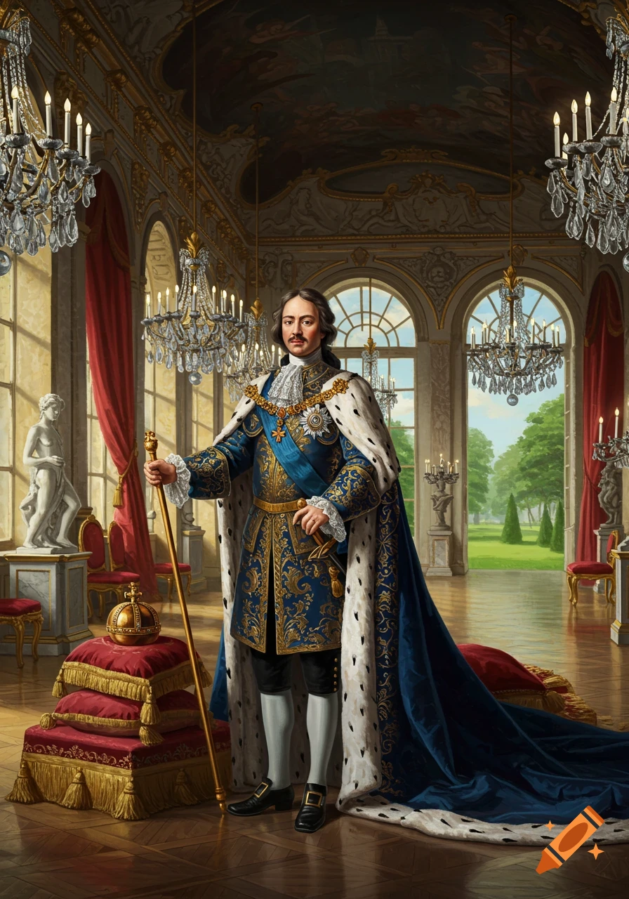 Full-length portrait of a man in a blue and gold royal robe and fur-lined cape, holding a scepter, in a grand palace with chandeliers.