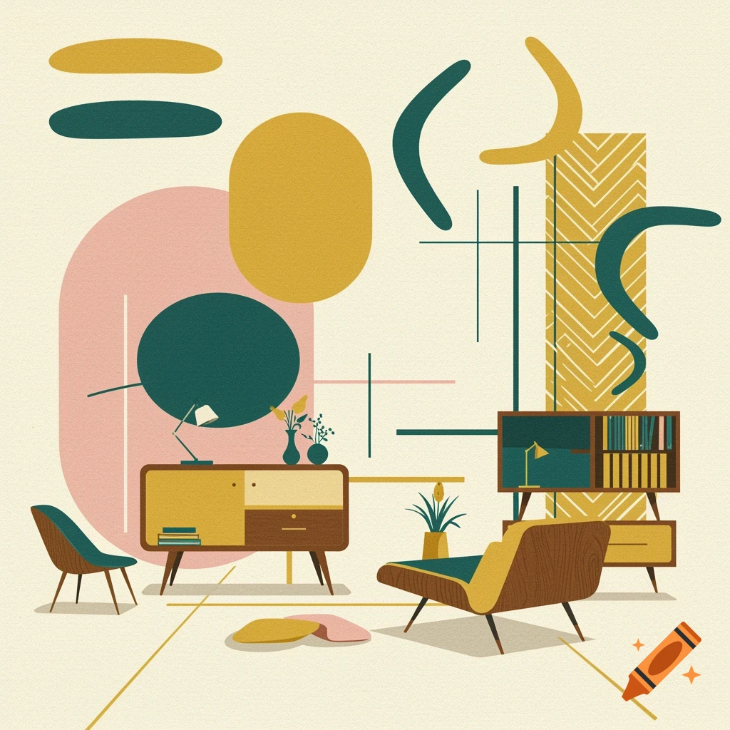 A stylized mid-century modern interior with furniture and abstract geometric shapes in muted teal, pink, and yellow tones.