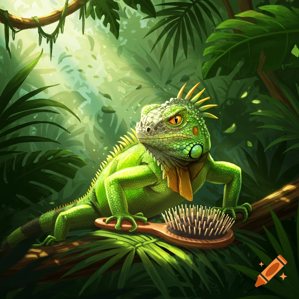 An angry green iguana stands on a branch next to a hairbrush in a lush, detailed jungle illustration.