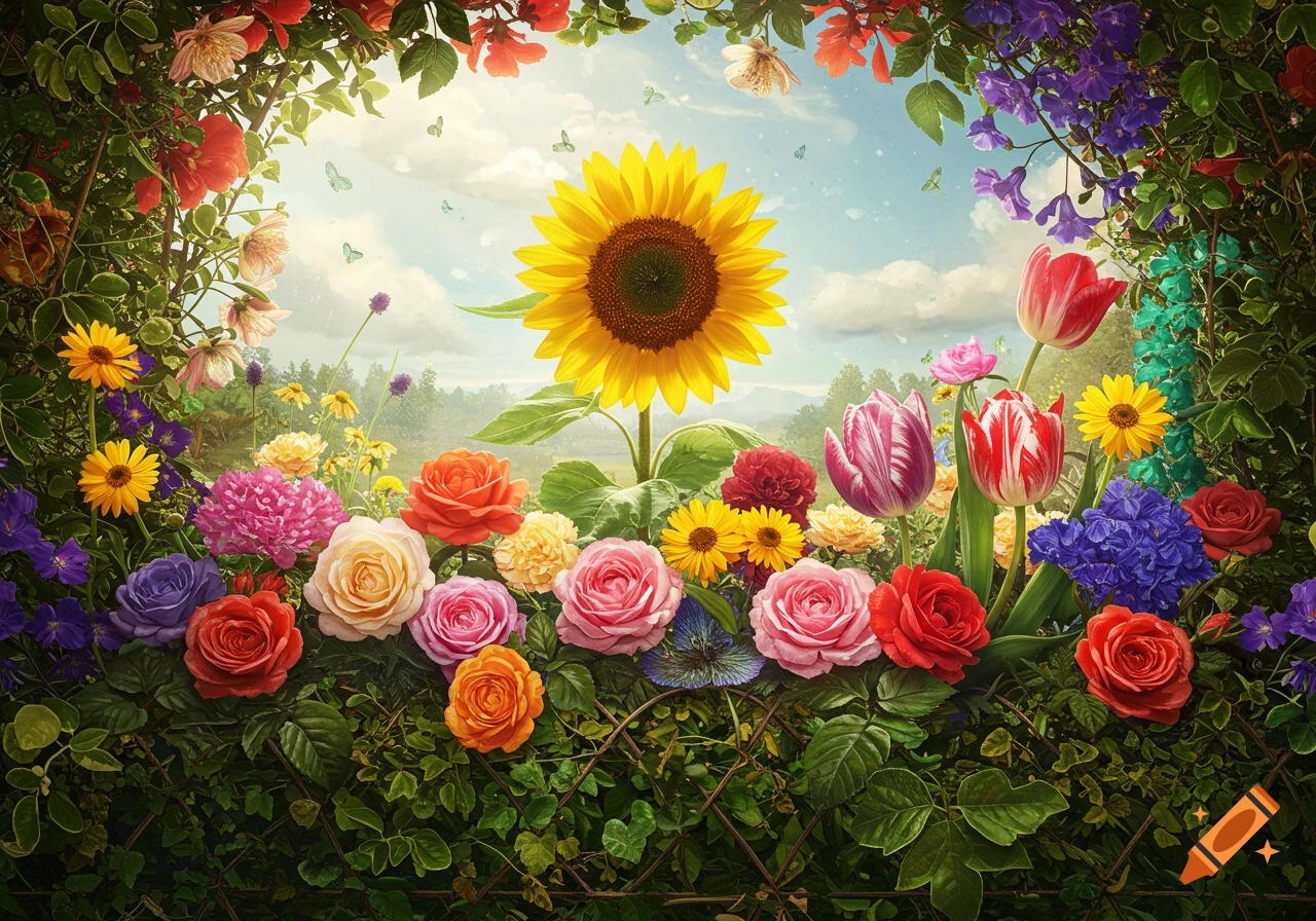 A vibrant garden scene with a large sunflower, colorful roses, tulips, and butterflies under a bright blue sky.