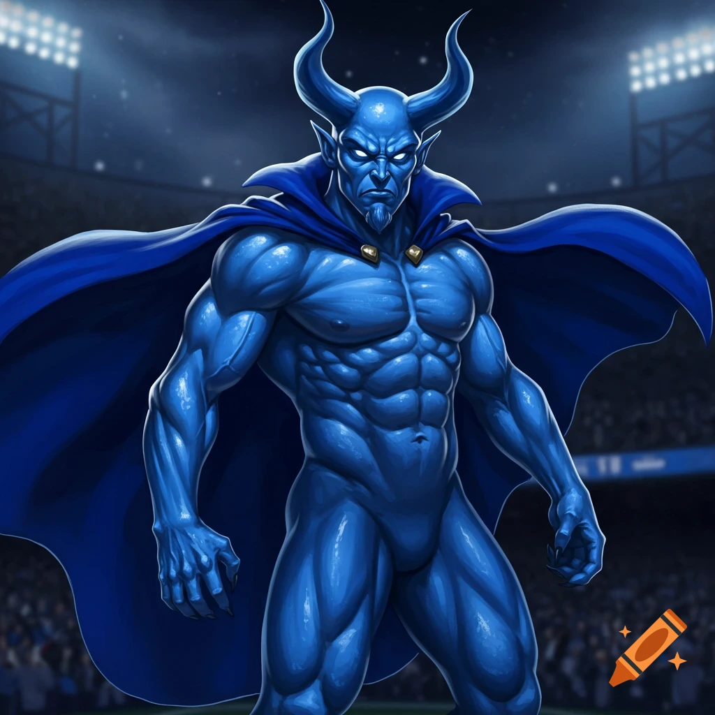 A muscular blue devil character with horns and a cape stands in a sports stadium.