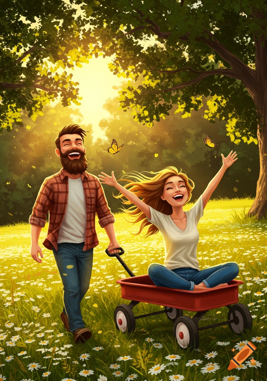Illustrated scene of a man pulling a woman in a red wagon through a sunny, daisy-filled meadow with trees and butterflies.