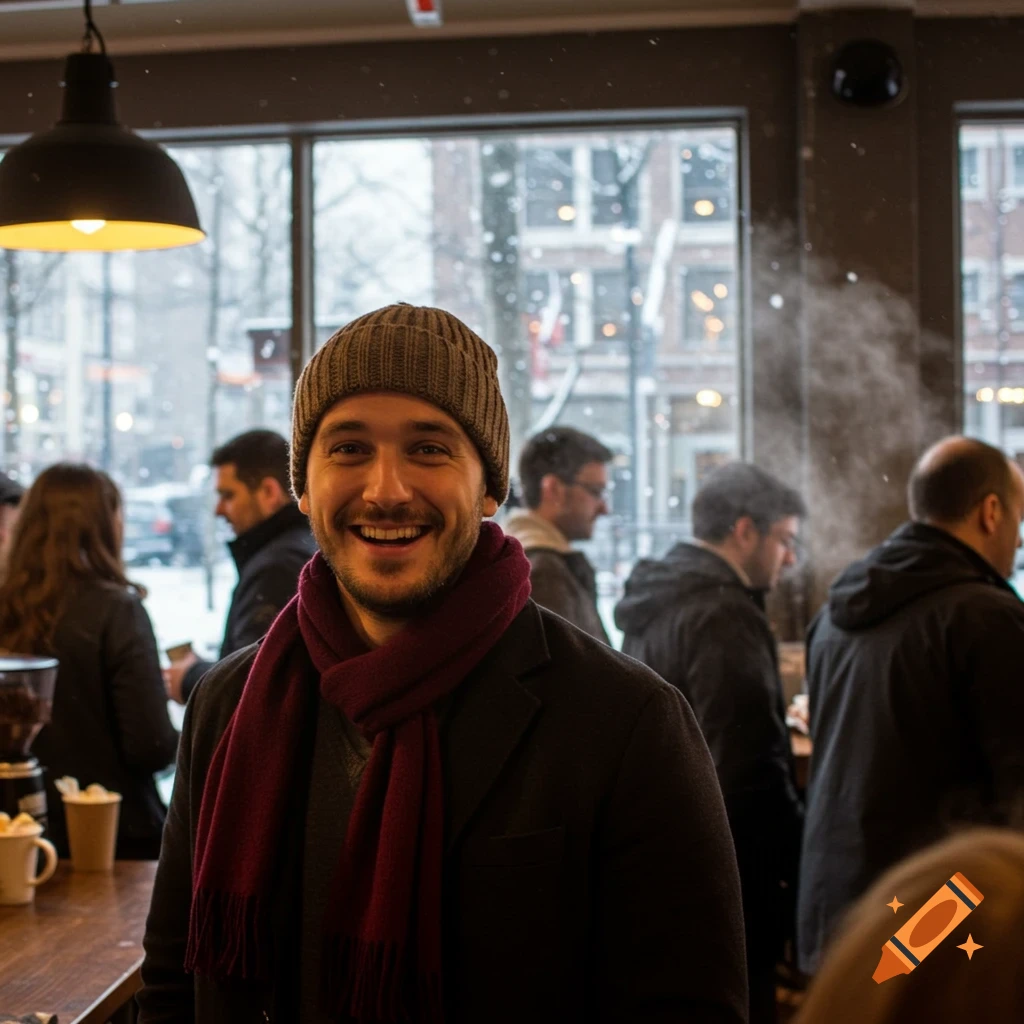 A smiling man in a beanie and scarf inside a coffee shop, with snow falling outside.