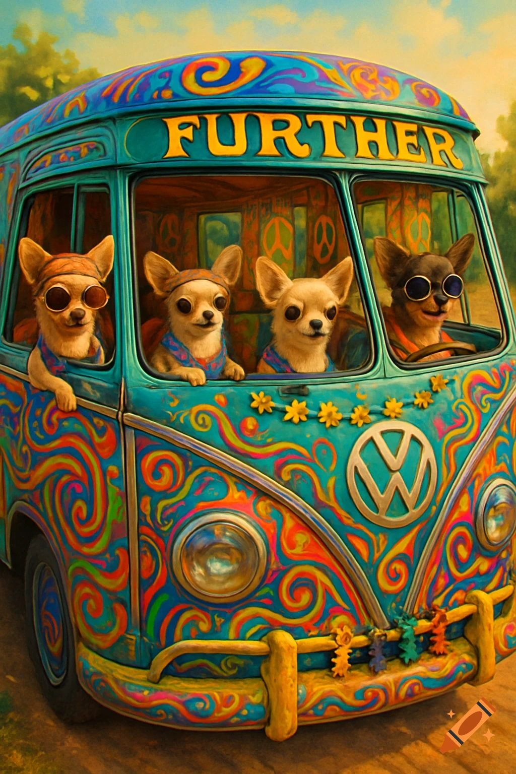 Four chihuahuas in a colorful, psychedelic vintage VW van with 'FURTHER' on the front, traveling on a sunny day.