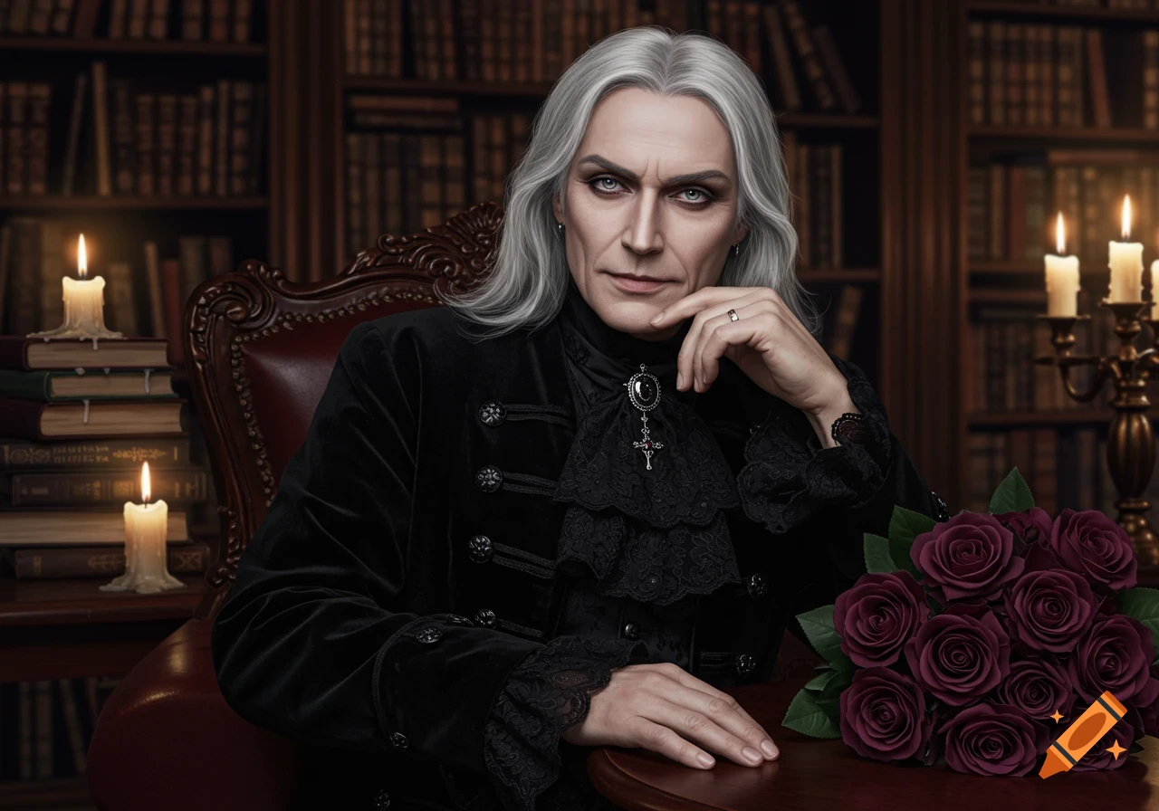 A photorealistic portrait of an elegant goth man with long white hair in a dark library, with candles and a bouquet of red roses.