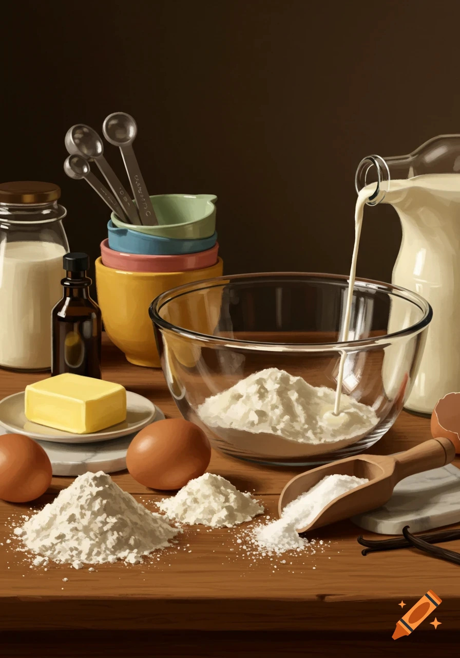 Baking ingredients on a wooden table with milk pouring into a bowl of flour.