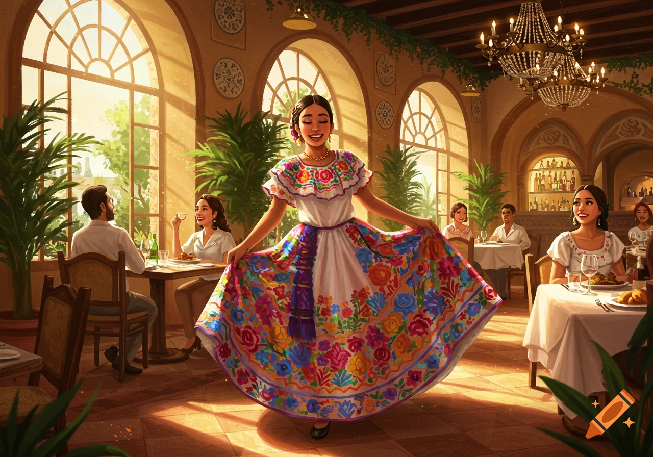 A happy woman in a colorful traditional Mexican dress dances in a sunlit restaurant with arched windows and diners.